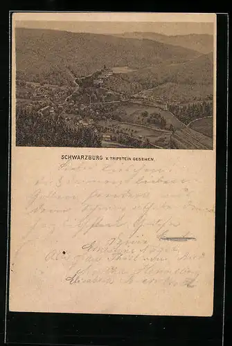 Vorläufer-Lithographie Schwarzburg, 1886, Ort vom Tripstein gesehen