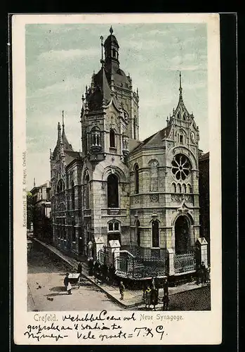 AK Crefeld, Neue Synagoge, davor Passanten