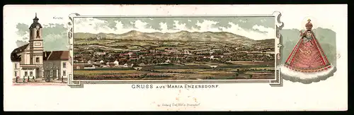 Klapp-AK Maria Enzersdorf, Ortsansicht aus der Vogelschau, Kirche und Heiligenbildnis
