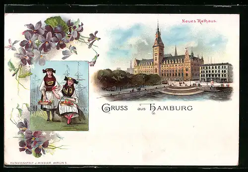 Lithographie Hamburg, Neues Rathaus, Hamburgerinnen in Trachtenkleidern