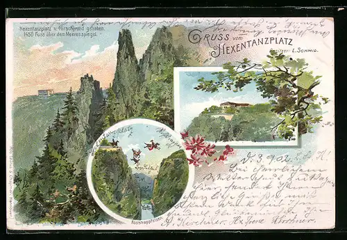 Lithographie Thale, Hexentanzplatz vom Hirschgrund gesehen