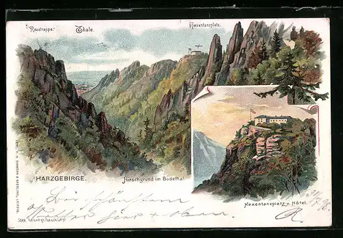 Lithographie Thale, Hexentanzplatz u. Hotel