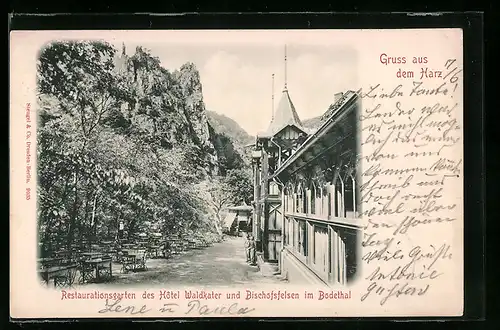 AK Bodetal /Harz, Restaurantsgarten des Hotel Waldkater und Bischofsfelsen