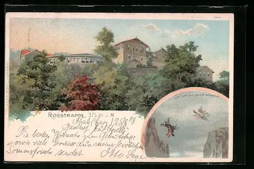 Lithographie Thale, Der Sprung übers Bodethal, Gasthaus auf dem Gipfel