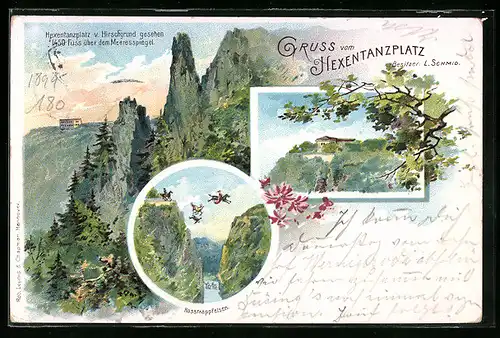 Lithographie Thale /Harz, Hotel Hexentanzplatz, Hexentanzplatz v. Hirschgrund gesehen, Rosstrappfelsten