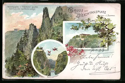 Lithographie Thale, Hexentanzplatz vom Hirschgrund gesehen