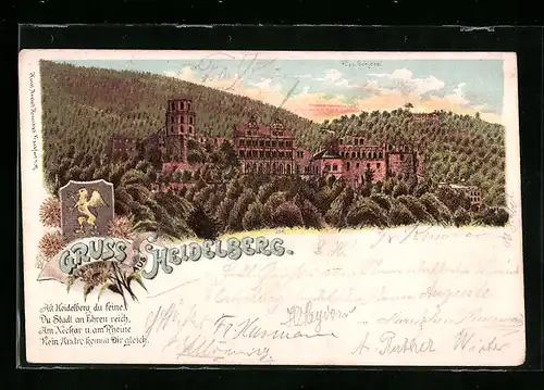 Lithographie Heidelberg, Blick auf das Schloss, Wappen