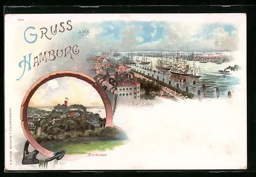 Lithographie Hamburg-Blankenese, Ortsansicht, Blick über den Hafen