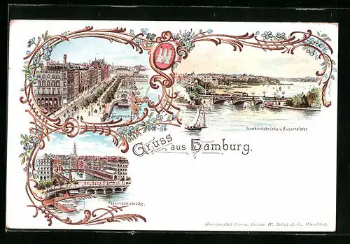 Lithographie Hamburg, Lombardsbrücke und Aussenalster, Reesendammbrücke, Strasse Jungfernstieg