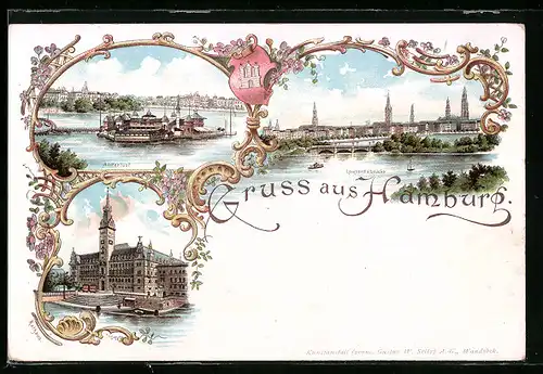 Lithographie Hamburg-St.Georg, Alsterlust, Lombardbrücke