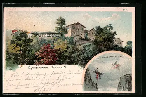 Lithographie Thale, Gasthaus Rosstrappe, Sprung übers Bodetal