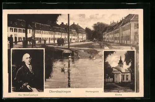 AK Oberdischingen, Ententeich an der Herrengasse, Porträt des Malefizschenk & Kirche