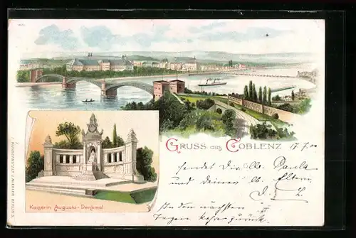 Lithographie Coblenz, Kaiserin Augusta-Denkmal, Flusspartie mit Brücke