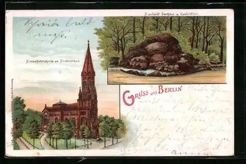 Lithographie Berlin-Wedding, Himmelfahrtskirche am Humboldthain, Humboldt-Denkmal im Humboldthain