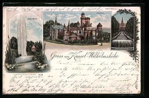 Lithographie Kassel-Wilhelmshöhe, Löwenburg, Cascaden, Grosse Fontaine