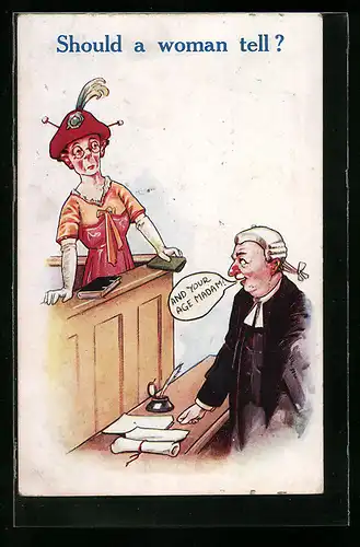 AK Frau vor dem Richter im Gerichtssaal, frauenfeindlicher Humor