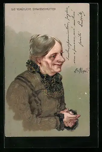 Künstler-Präge-AK Gesicht, eine alte Frau
