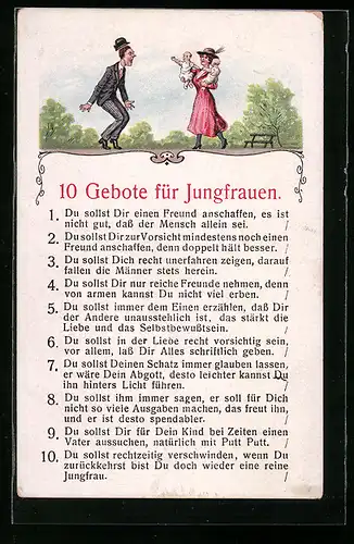 AK Zehn Gebote für Jungfrauen, frauenfeindlicher Humor