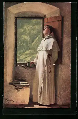 Künstler-AK Th. von Cederström: Ein Sonnenstrahl, Mönch steht am Fenster seiner Zelle