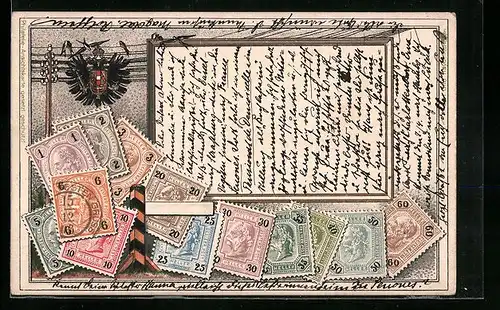 Präge-Lithographie Oesterreich, Telegraphenmast mit Vögeln und Briefmarken