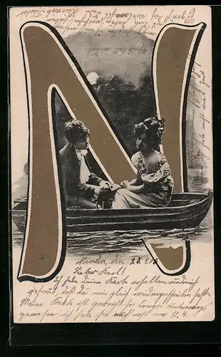 AK Paar im Boot am Buchstaben N bei Mondschein