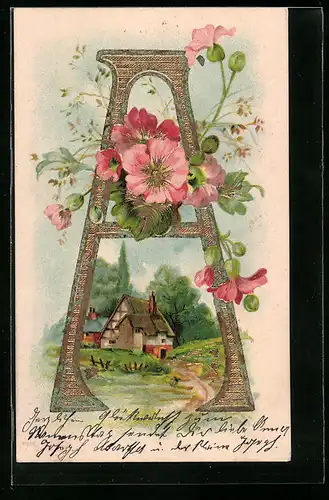 Präge-AK Landschaft mit Haus am Buchstaben A