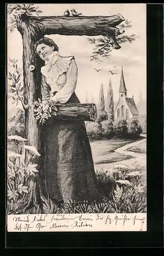 AK Buchstabe E, Fräulein lehnt verliebt am Baumstamm