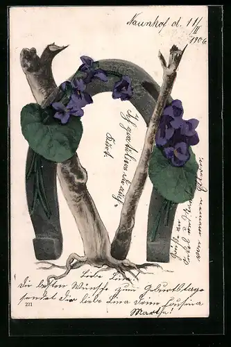 AK Hufeisen mit Veilchen am Buchstaben V