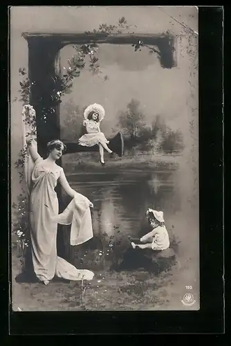 Künstler-AK Buchstabe F als Baumstamm mit Frau und kleinen Kindern in Flusslandschaft