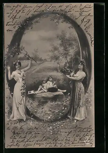 Künstler-AK Buchstabe O mit jungen Damen und Kindern