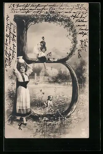 AK Kinder sitzen im Buchstaben B, Frau in Tracht balanciert einen Krug auf dem Kopf