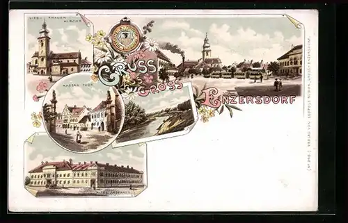 Lithographie Gross Enzersdorf, Kasern Thor, Altes Rathaus, Liebfrauen-Kirche