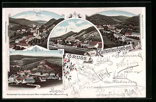 Lithographie Kaltenleutgeben, Totalansichten aus verschiedenen Perspektiven