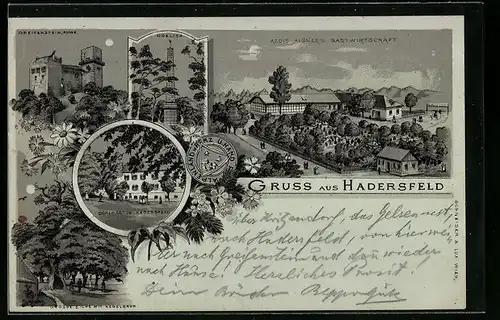 Mondschein-Lithographie Hadersfeld, Alois Aigners Gasthaus, Ruine Greifenstein