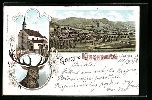 Lithographie Kirchberg am Wechsel, Kirche St. Corona, Ortsansicht, Kapitaler Hirsch