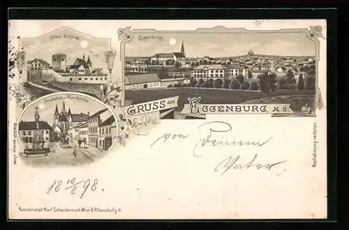 Lithographie Eggenburg, Gesamtansicht, Altes Schloss & Stadtplatz m. Pfarrkirche
