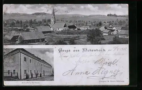 AK Mehrnbach, Gasthaus Andorfer, Ortspanorama