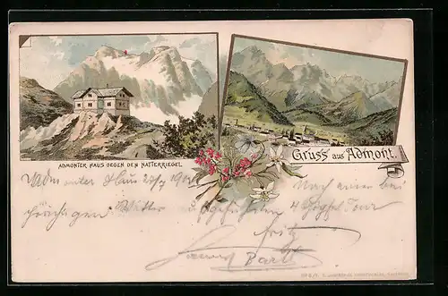 Lithographie Admont, Blick auf den Ort, Admonter Haus gegen Natterriegel