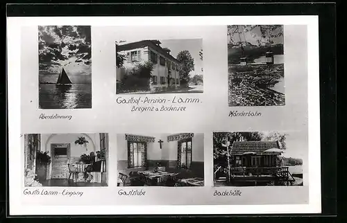 AK Bregenz a. Bodensee, Gasthof-Pension-Lamm, Innenansichten Eingang u. Gaststube, Badehütte, Abendstimmung