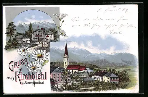 Lithographie Kirchbichl, Ortsansicht mit Kirche