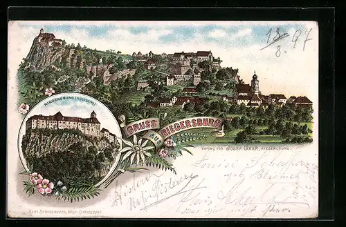 Lithographie Riegersburg, Panoramablick auf den Ort, Burg von der Rückseite