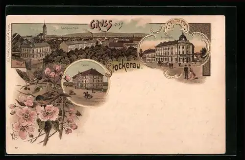 Lithographie Stockerau, Convict, Blick zur Post, Teilansicht der Ortschaft