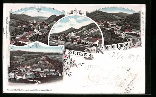 Lithographie Kaltenleutgeben, Totalansichten aus verschiedenen Perspektiven