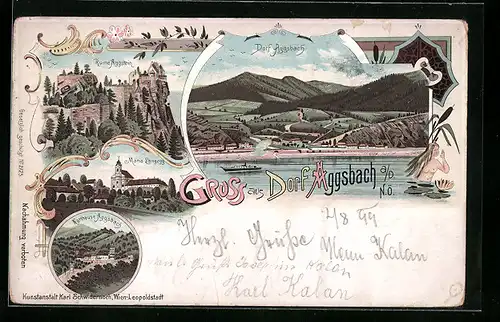 Lithographie Aggsbach a. D., Karthause, Maria Langegg, Ruine Aggstein, Panorama