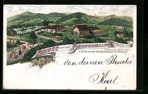 Lithographie Gablitz, Gasthaus Hochramalpe gegen Tulbinger Kogel