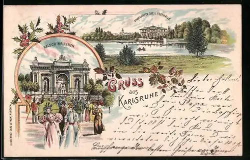 Lithographie Karlsruhe, Stadtgarten-See und Festhalle, Malsch-Brunnen