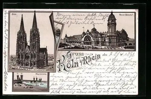 Vorläufer-Lithographie Köln a. Rh., 1895, Neuer Bahnhof, Rheinbrücke, Dom