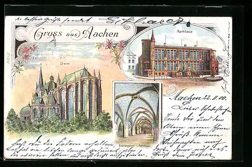 Lithographie Aachen, Rathaus, Dom, Krönungssaal i. Rathaus
