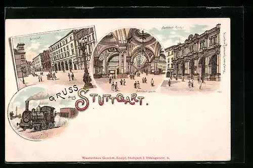 Lithographie Stuttgart, Bahnhof mit Lok und Bahnhofshalle