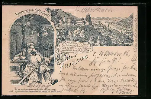 Lithographie Heidelberg, Ortsansicht mit Restaurant zum Rodensteiner